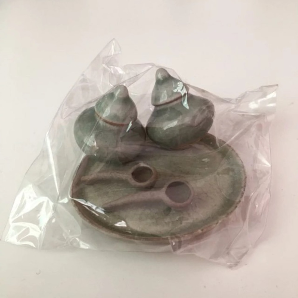Miniature tea/ cookie jar and spoons with tray